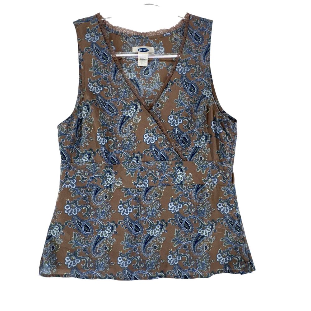 Y2K Old Navy Brown Paisley Lace Trim Boho Wrap Style Sleeveless Top Medium